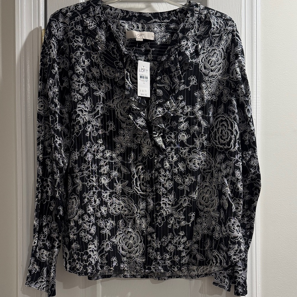 LOFT Black and White Floral Blouse